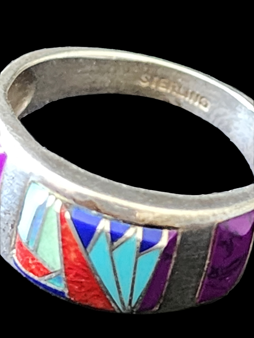 Multi stone inlay sterling silver ring turquoise Coral lapis size 8