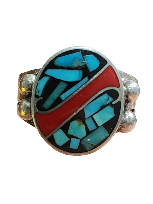 Sterling Silver Native American Coral & Turquoise Ring size 12.5