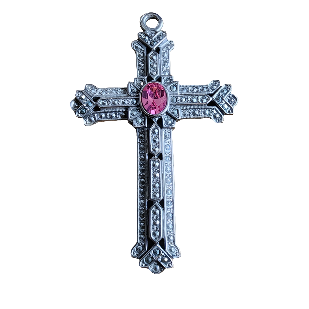 Fashion costume jewelry pendant pink stone marcasite cross silver tone