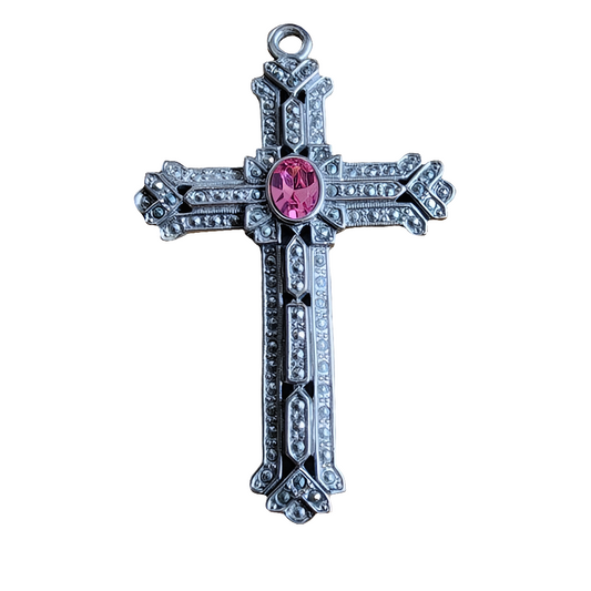 Fashion costume jewelry pendant pink stone marcasite cross silver tone