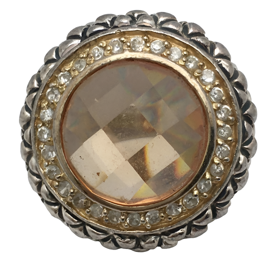 Sterling silver ring with Yellow Orange and diamonds Dome top size 6