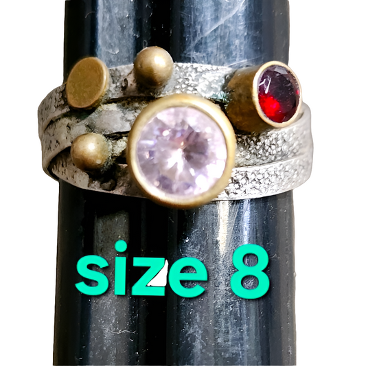 Mid century modern sterling silver ring pink red stones size 8