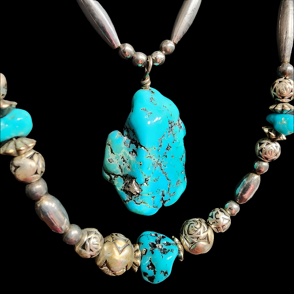 Native American liquid Sterling Silver 2 layer multi strand turquoise necklace