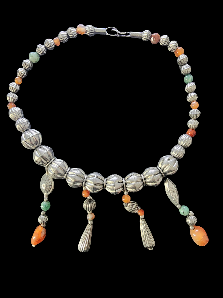 Silver tone tribal Necklace with dangling beads
