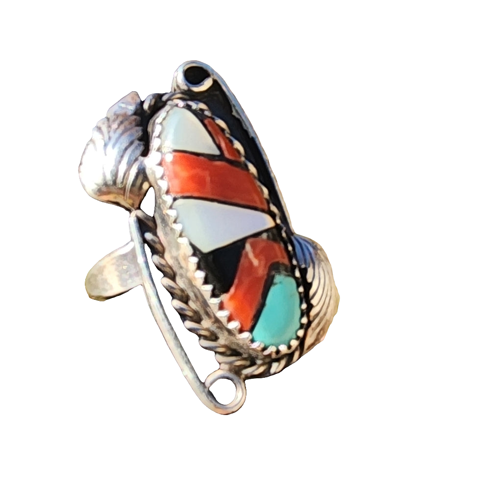 Artist signed JH Native Americans sterling silver Navajo inlaid ring size 6.75