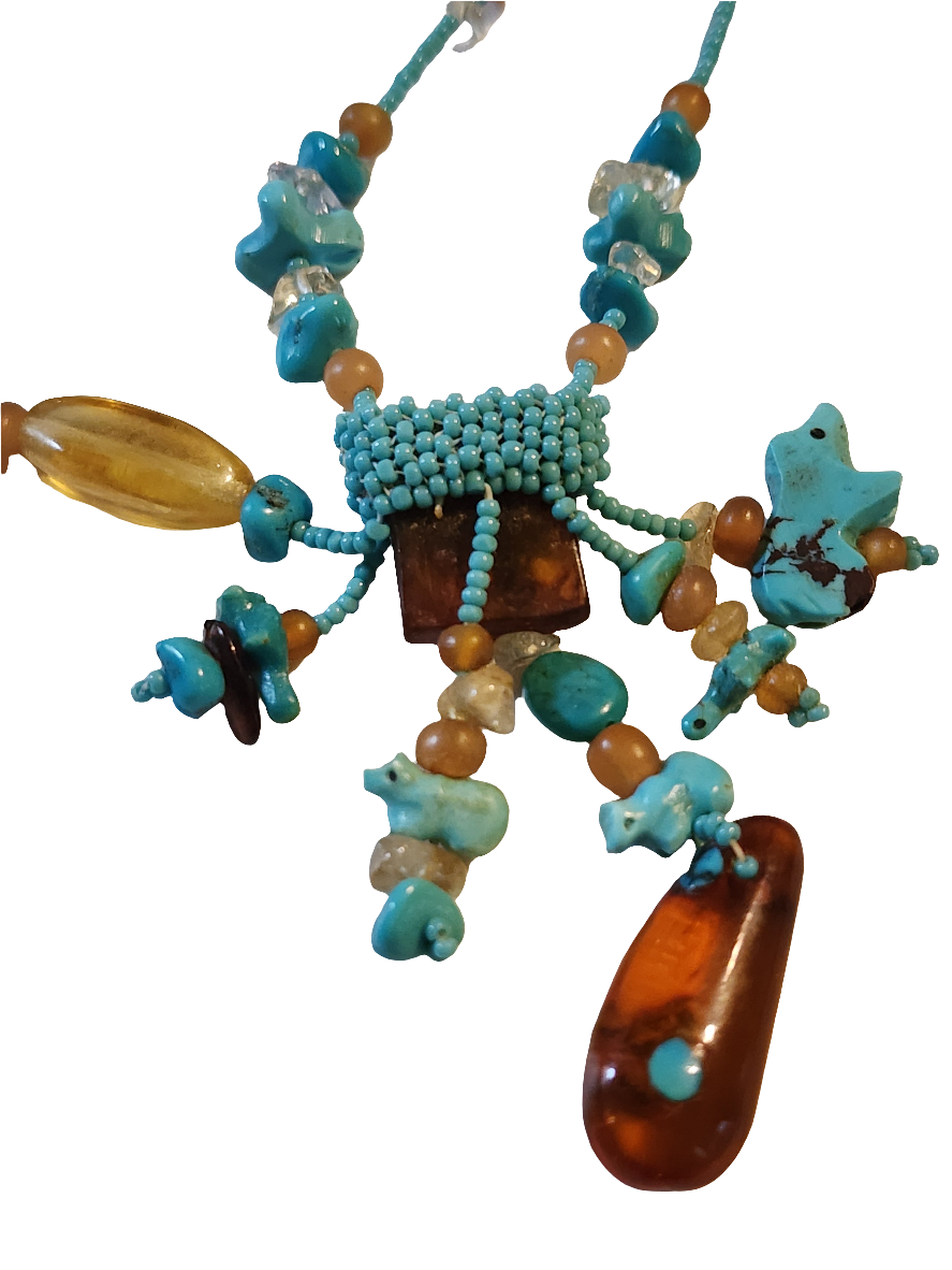 Handmade native american seed bead turquoise fetish Necklace