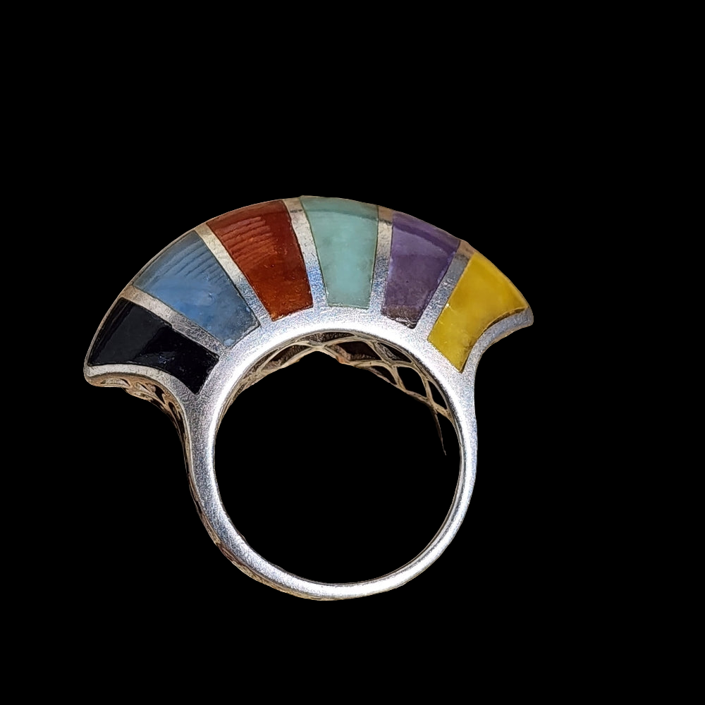 sterling silver multi Gem and laid ring modernist chunky size 9 Mid Century