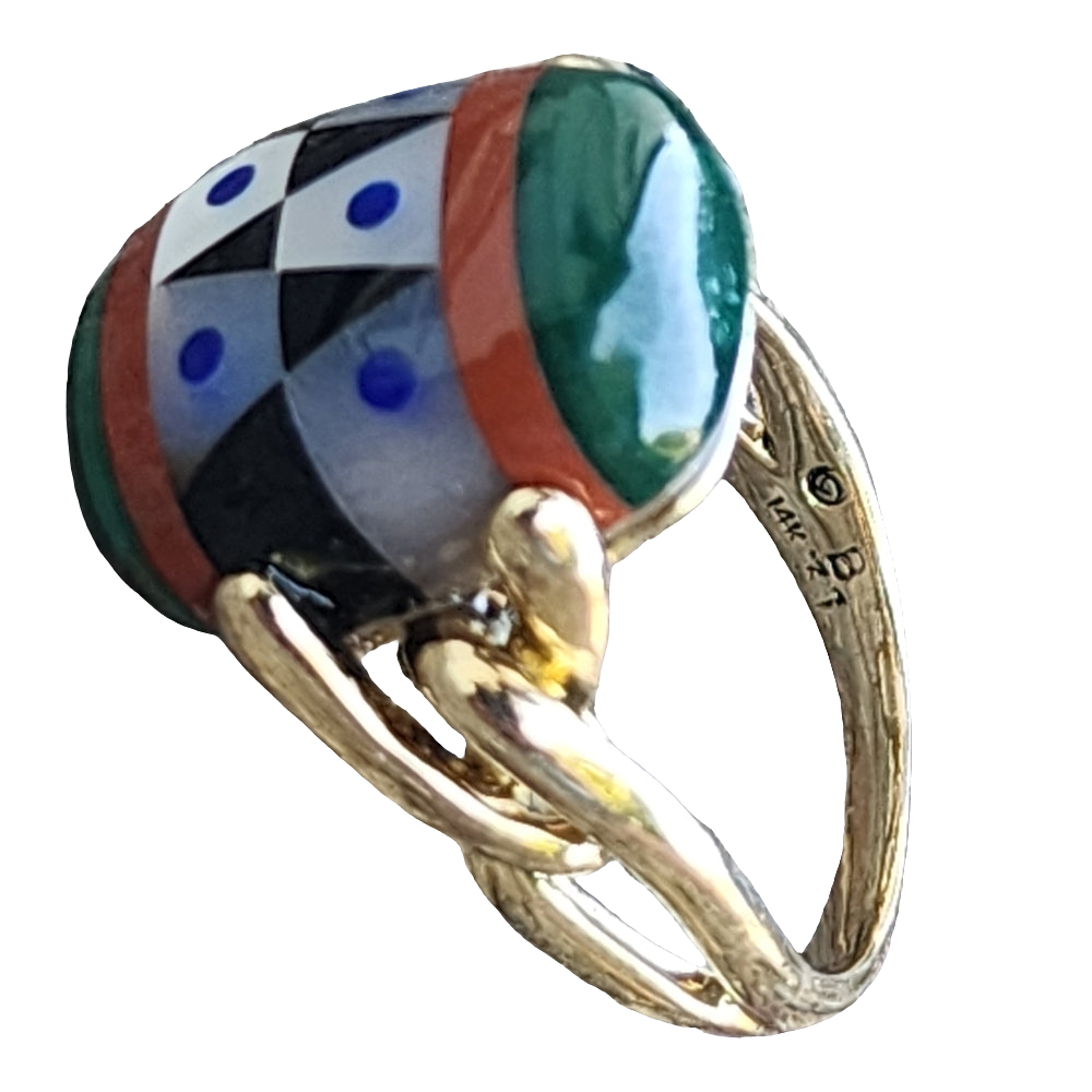 Asch Grossbardt 14k yellow gold Inlay  ring size  7 lapis coral onyx Malachite