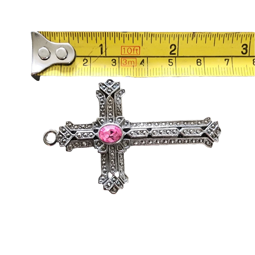 Fashion costume jewelry pendant pink stone marcasite cross silver tone