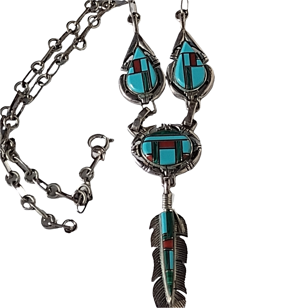 Sterling silver Native American inlay feather dangle necklace turquoise …