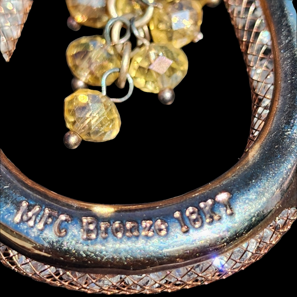Designer signed MFC Bronze 18kt pear shaped dangle earrings rhinestones mesh