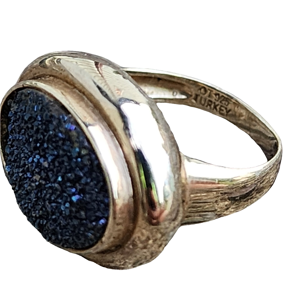 Sterling silver blue druzy quartz ring size 7.25 with gold vermeil