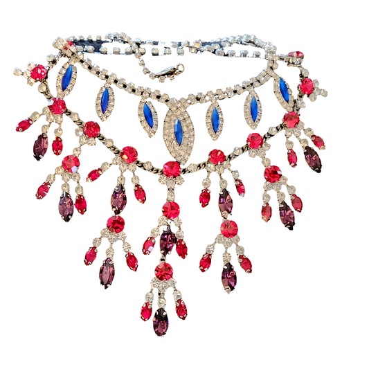 Lot of vintage rhinestone costume jewelry necklaces blue and red