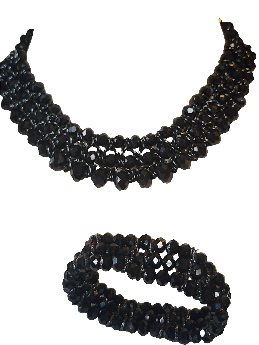 Jet black faceted glass bead bracelet and necklace set
