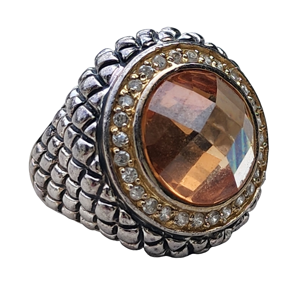 Sterling silver ring with Yellow Orange and diamonds Dome top size 6