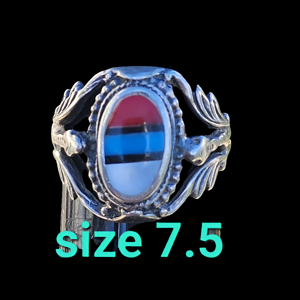 Size 7.5 vintage Native American sterling silver inlay ring fine jewelry