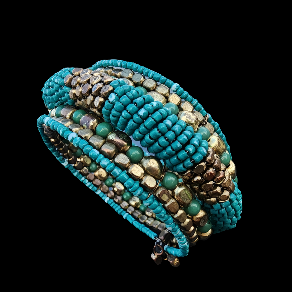 Beaded chunky statement green turquoise gold tone cuff bracelet fashion jewelry