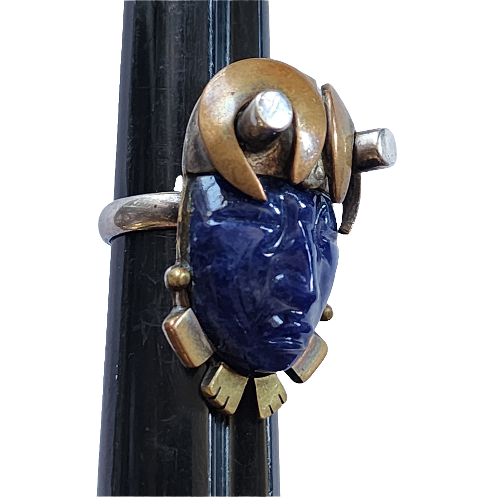 950 Silver carved face lapis ring size 7.5