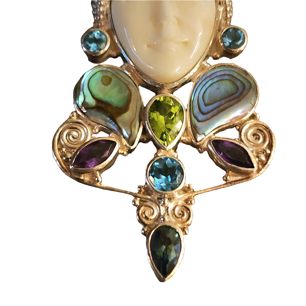 Sterling Silver Sajen Pendant w face Abalone Amethyst blue topaz fine jewelry