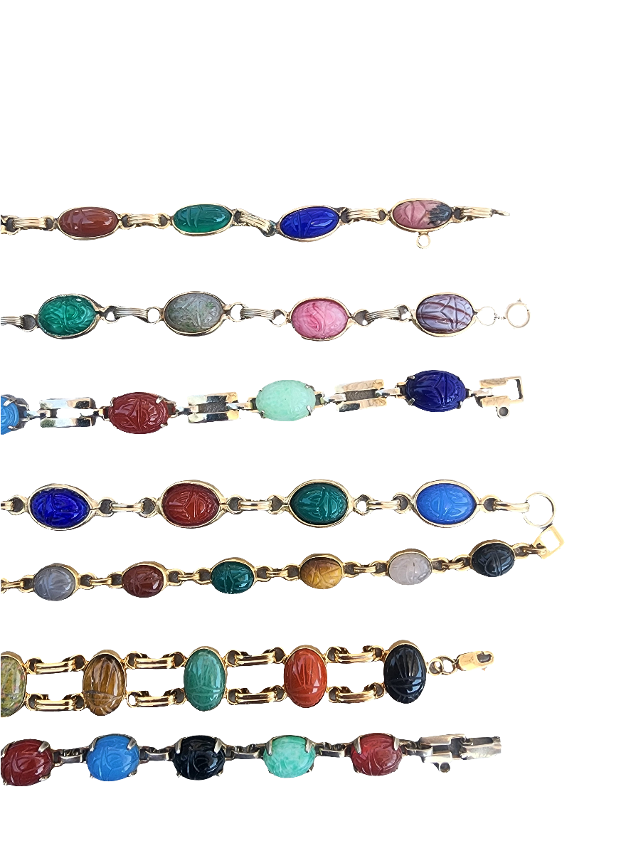 Lot of jewelry 7 carvedscarab bracelets w hieroglyphics Egyptian