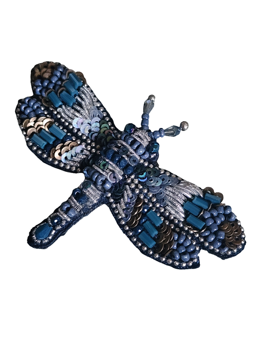 Embroidered handmade dragonfly pin brooch  blue tones