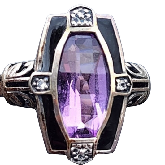 Sterling Silver purple Amethyst black enamel ring size 7.75 unisex fine Jewelry