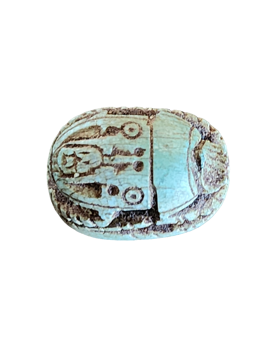 Egyptian Scarab Blue carved Amulet with hieroglyphics