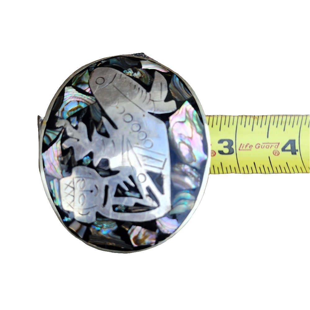 Vintage mother of pearl inlay Mexican belt buckle with figure