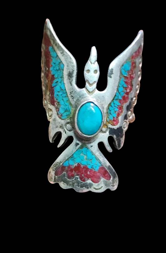 Native american sterling silver thunderbird ring size 7.75 Turquoise And coral