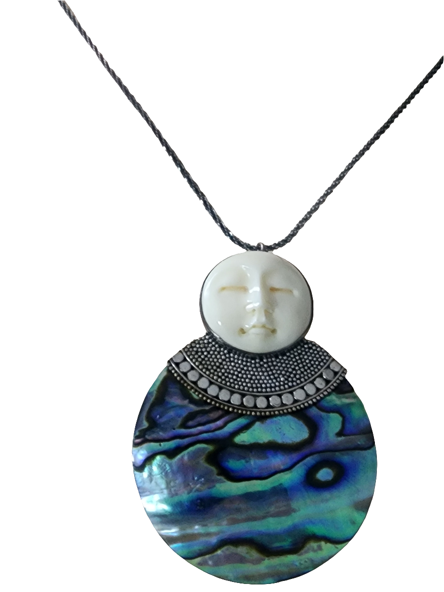 Sajen Style Moon face pendant and Necklace with abalone sterling silver