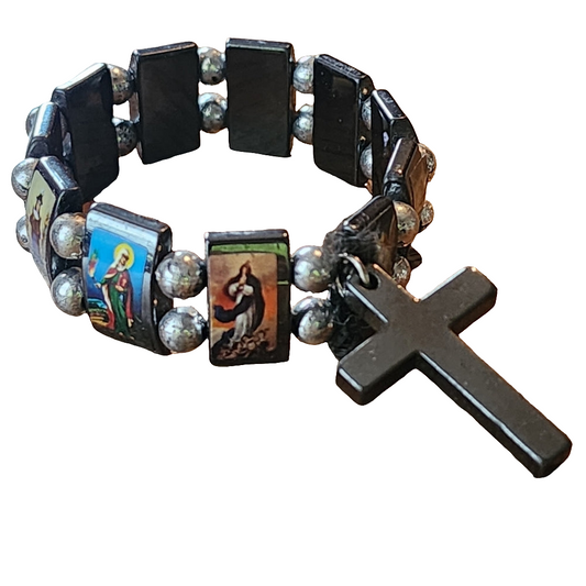 Religious picture hematite stretch bracelet mother Mary angle cross charm