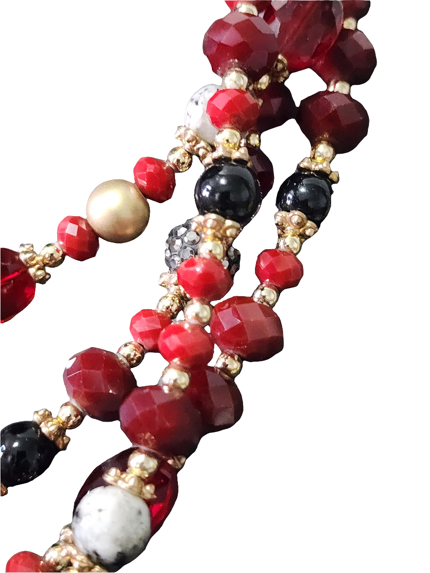 4 strand red glass & rhinestone beaded necklace