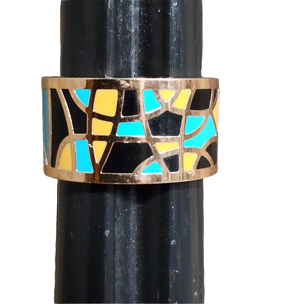 Bohemian 18k yellow gold plated Mid century modern enamelled ring size 9.5