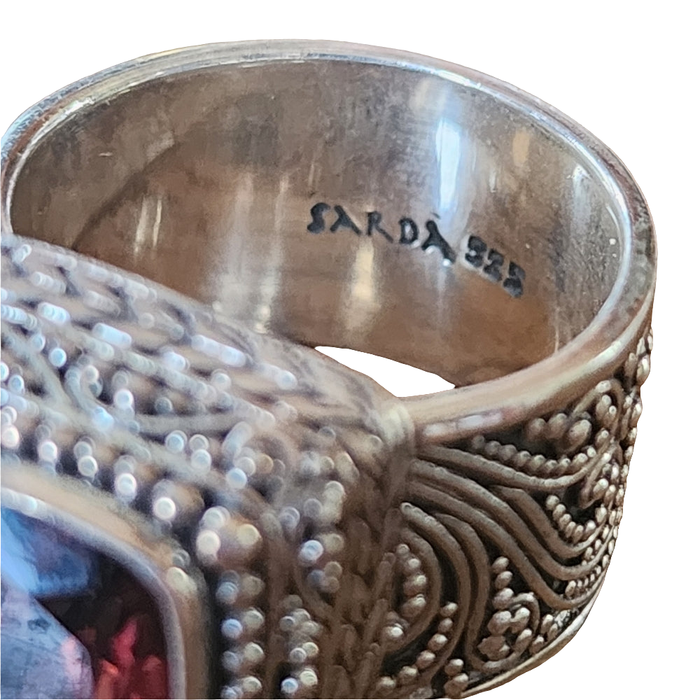 Sarda Sterling Silver Ring Cigar ornate band chunky Stone Fine jewelry size 10.5