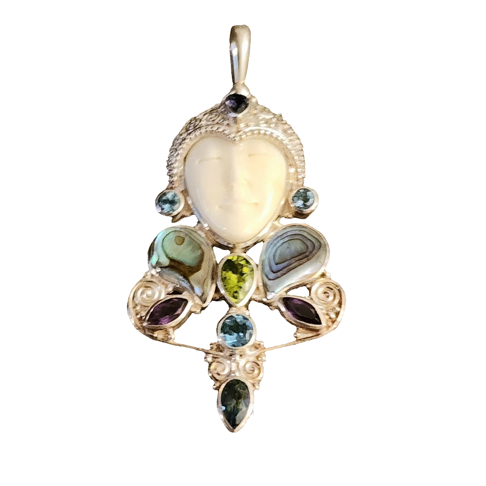 Sterling Silver Sajen Pendant w face Abalone Amethyst blue topaz fine jewelry