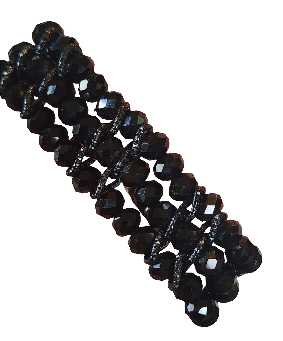 Jet black faceted glass bead bracelet and necklace set