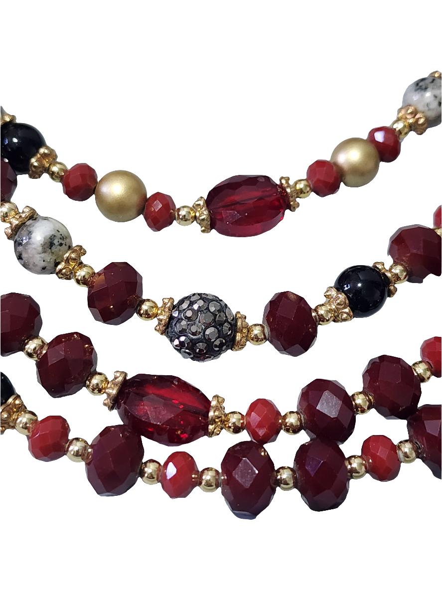 4 strand red glass & rhinestone beaded necklace