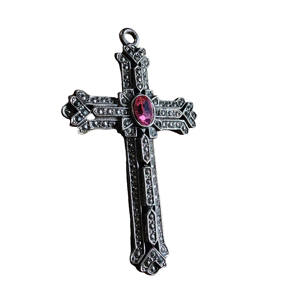 Fashion costume jewelry pendant pink stone marcasite cross silver tone