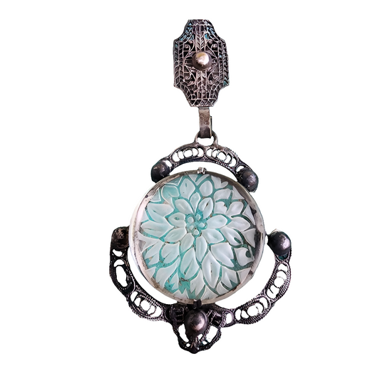 Lalique type antique reverse carved flower  floral scarf clip filigree art deco