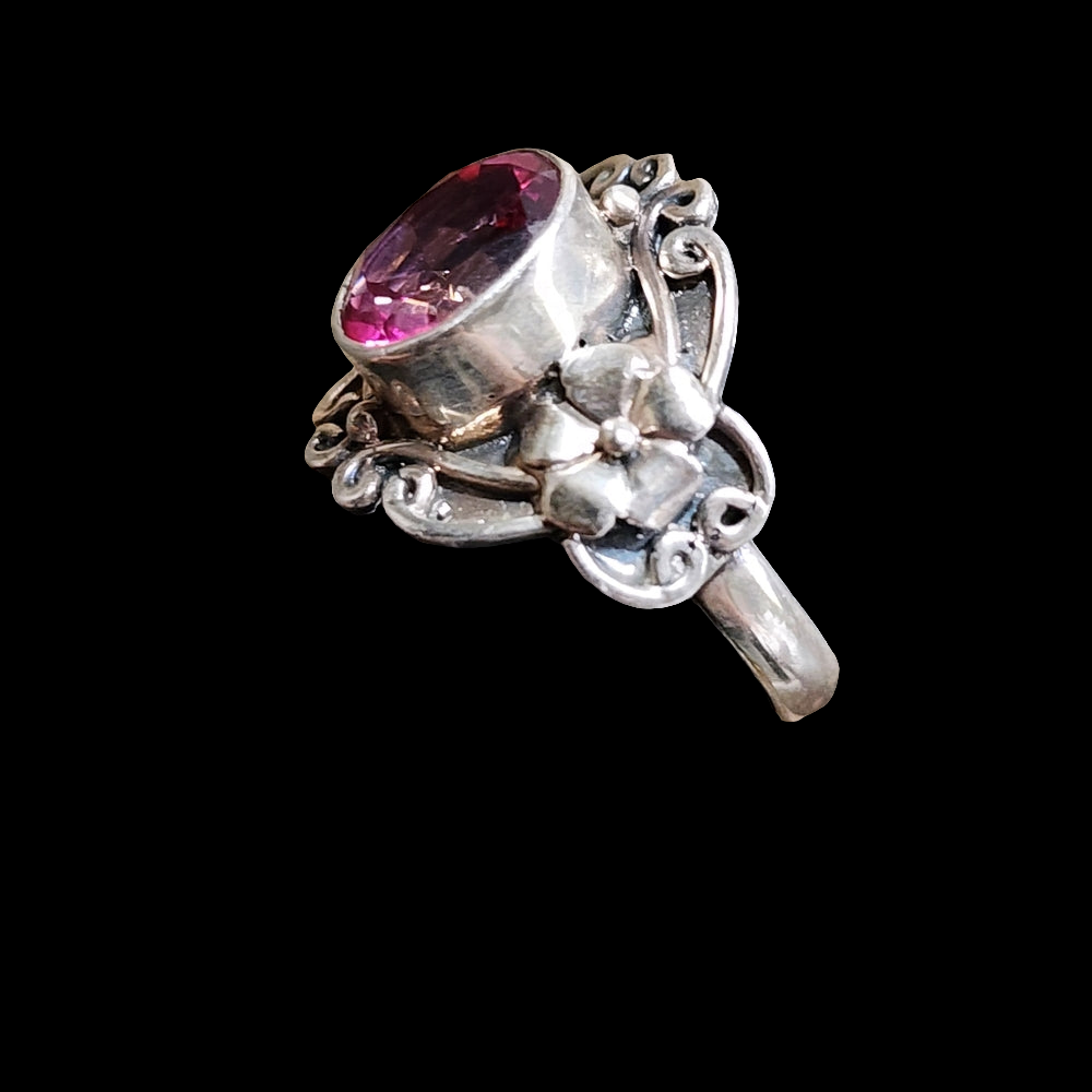Sterling silver ring with flowers and pink stone size 8 Barbiecore jewelry
