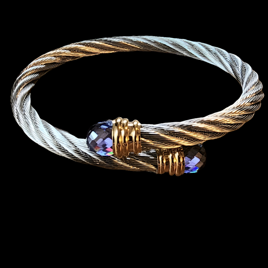 Designer T&T Stainless steel twist cable bracelet silver gold tone purple stone
