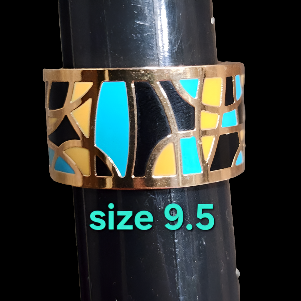 Bohemian 18k yellow gold plated Mid century modern enamelled ring size 9.5