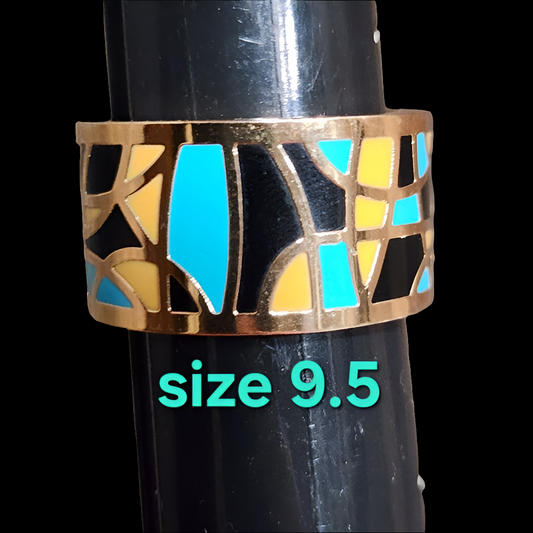 Bohemian 18k yellow gold plated Mid century modern enamelled ring size 9.5