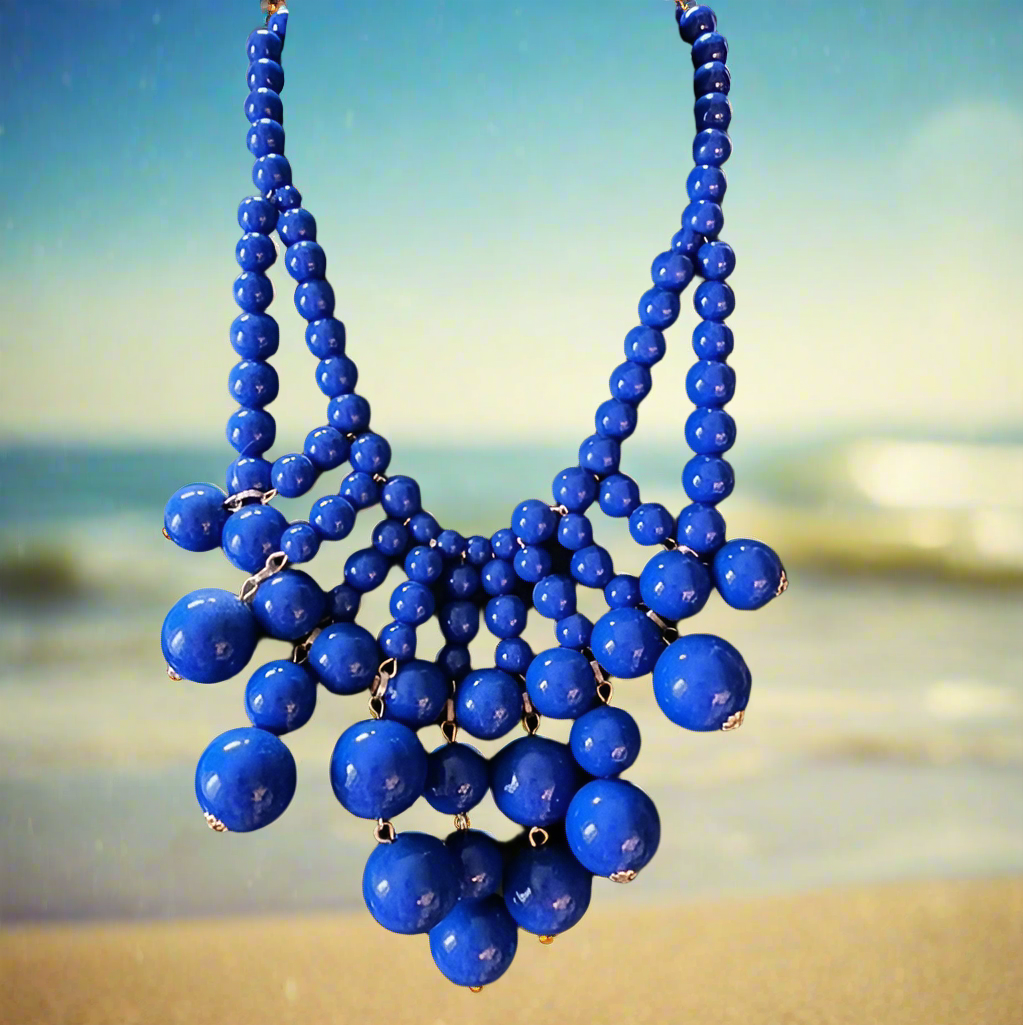 Charming Charlie navy blue bubble beaded bib necklace Statement runway jewelry