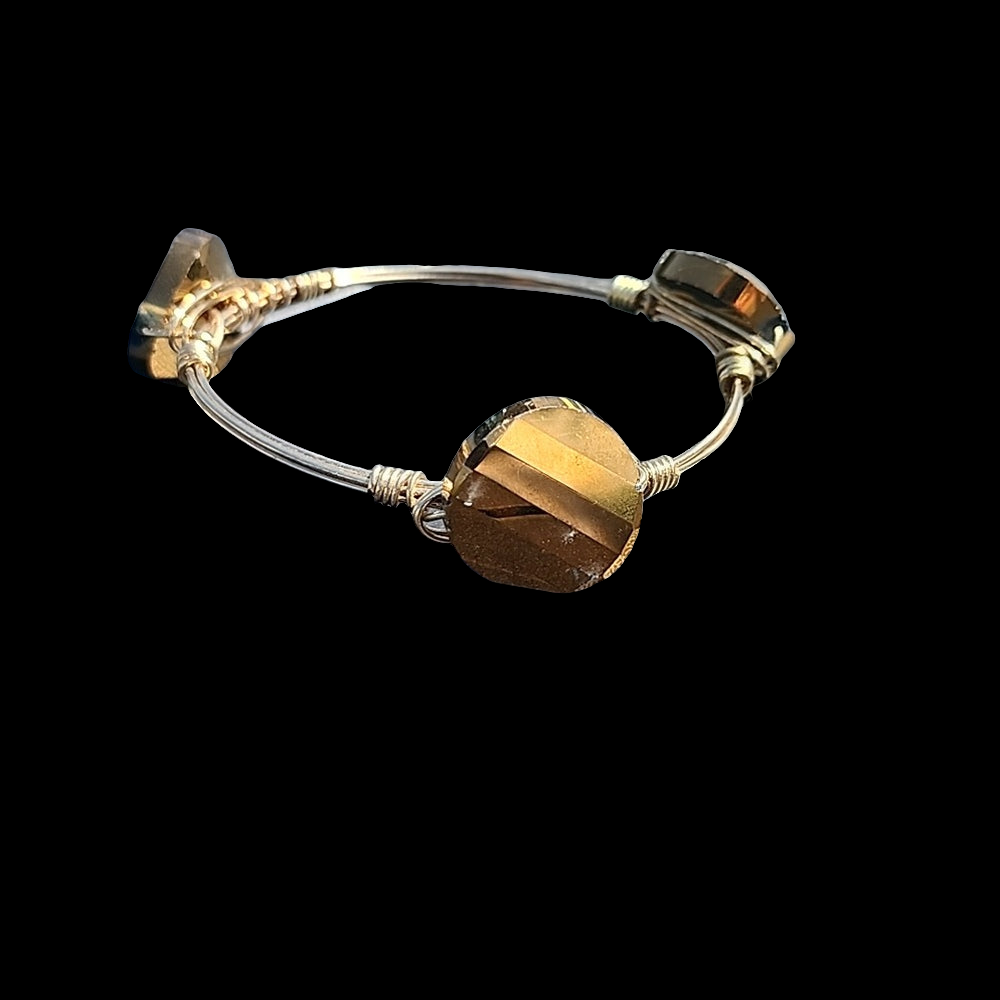 Yellow bronze & blue plastic gemstone  wire bangle bracelet designer fashion