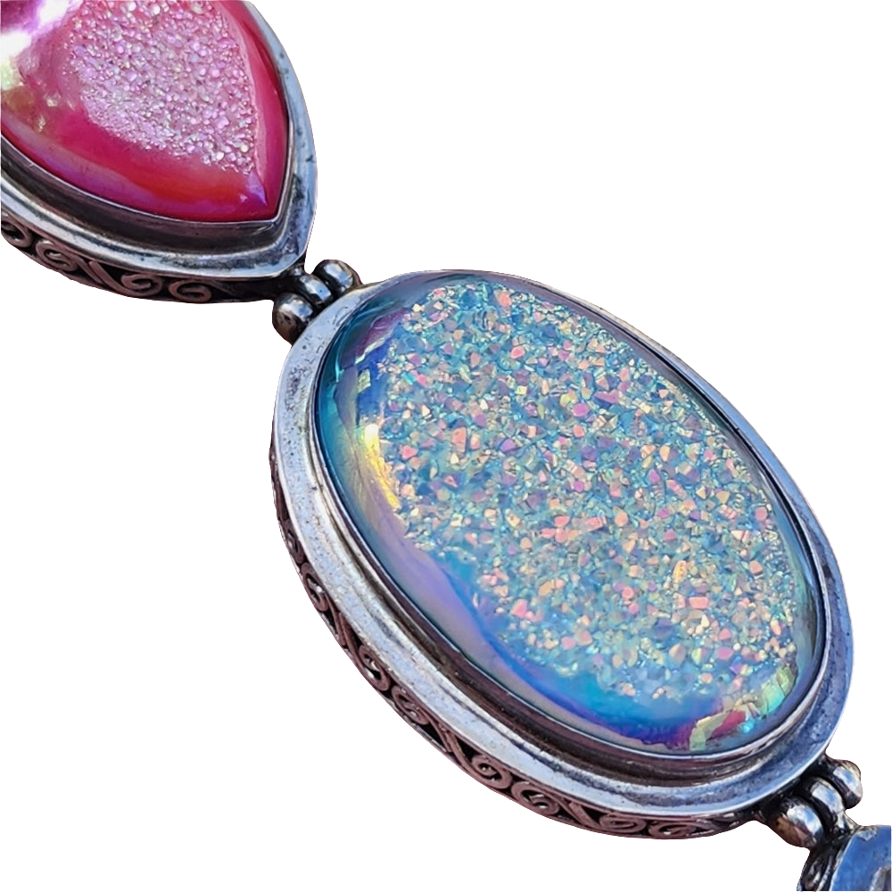 Sterling silver bracelet with pink and blue druzy quartz 7.5 in Long