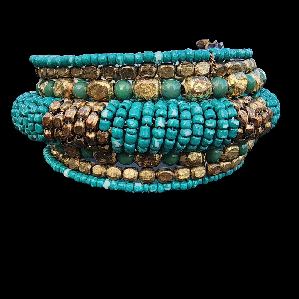 Beaded chunky statement green turquoise gold tone cuff bracelet fashion jewelry