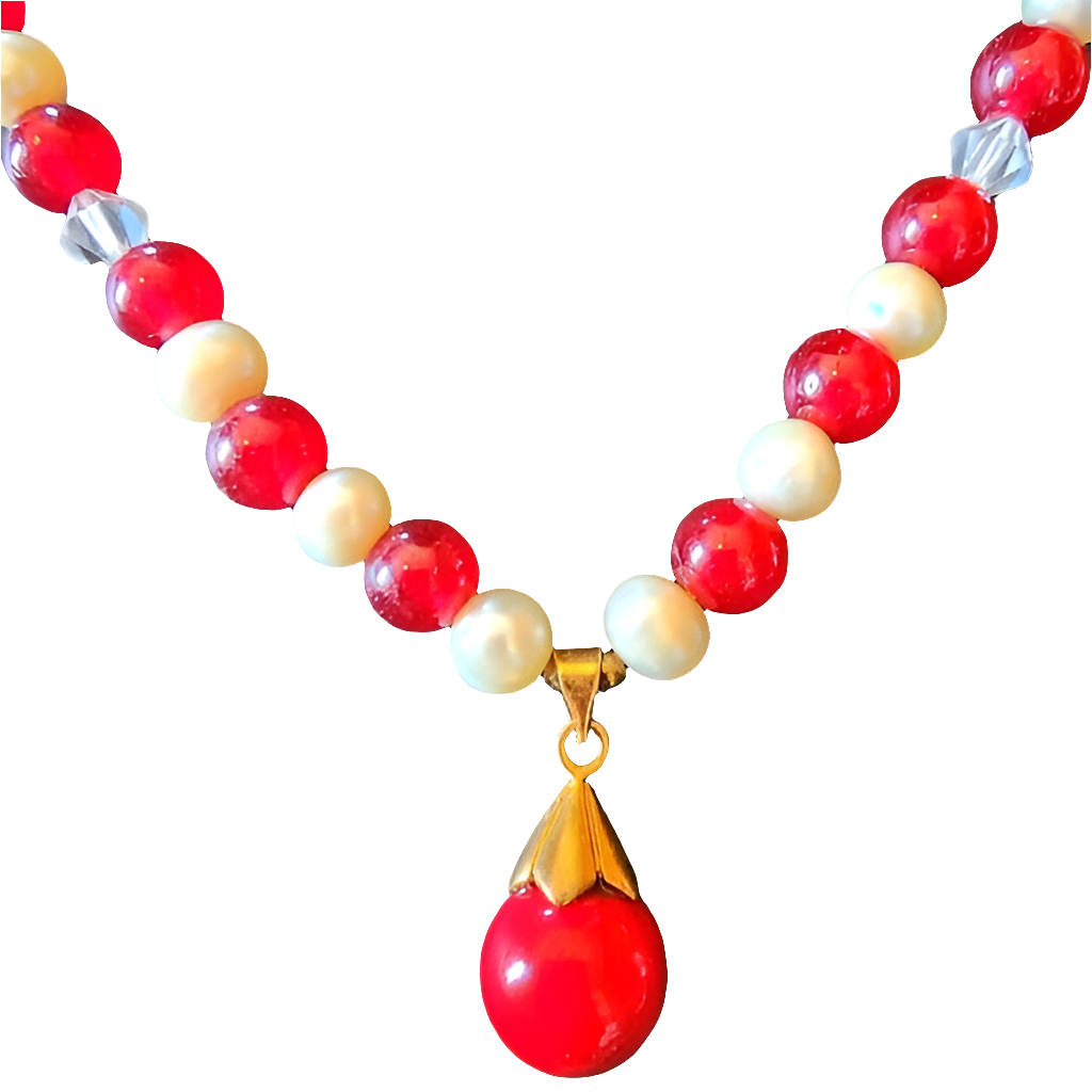 Real pearl necklace hand knotted with red beads and stone pendant 18k gold plate