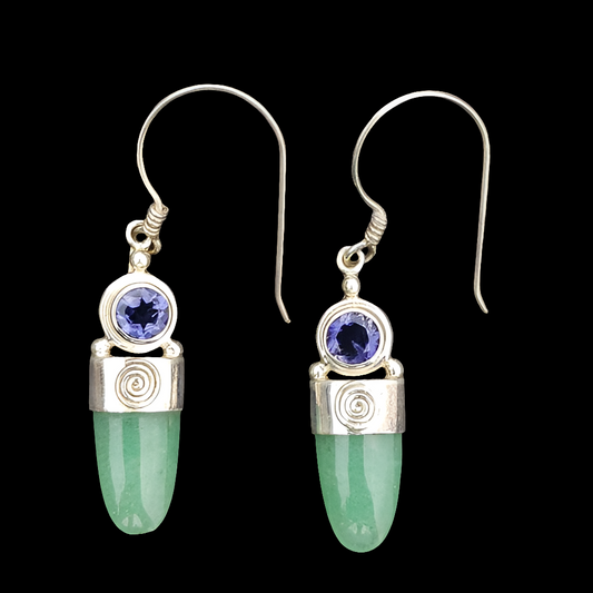 Sterling silver Sajen green jade cabachon amethyst drop dangle earrings jewelry