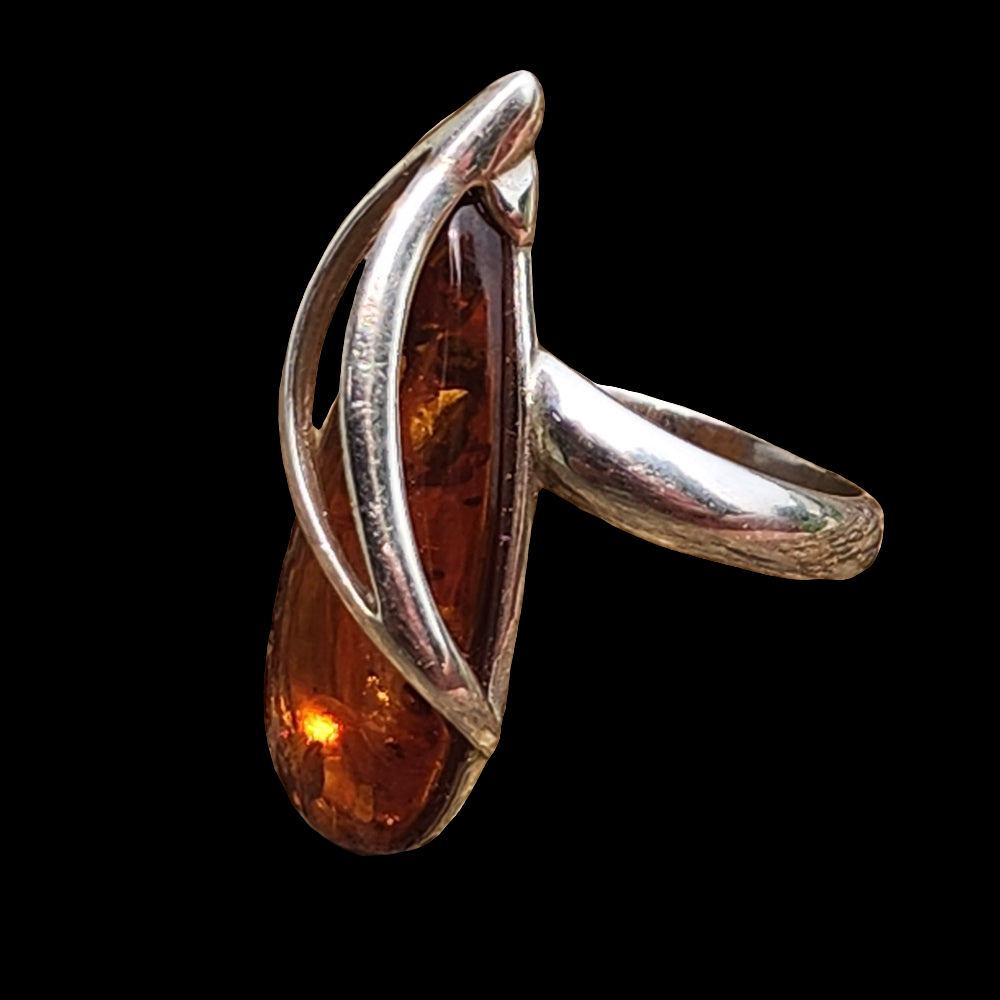 Vintage modernist abstract Amber sterling silver ring artist signed size…